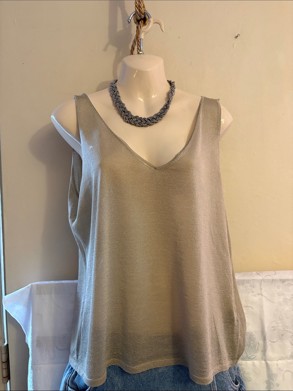 Ellen Tracy Metallic V-Neck Sleeveless Camisole in Shimmering Taupe